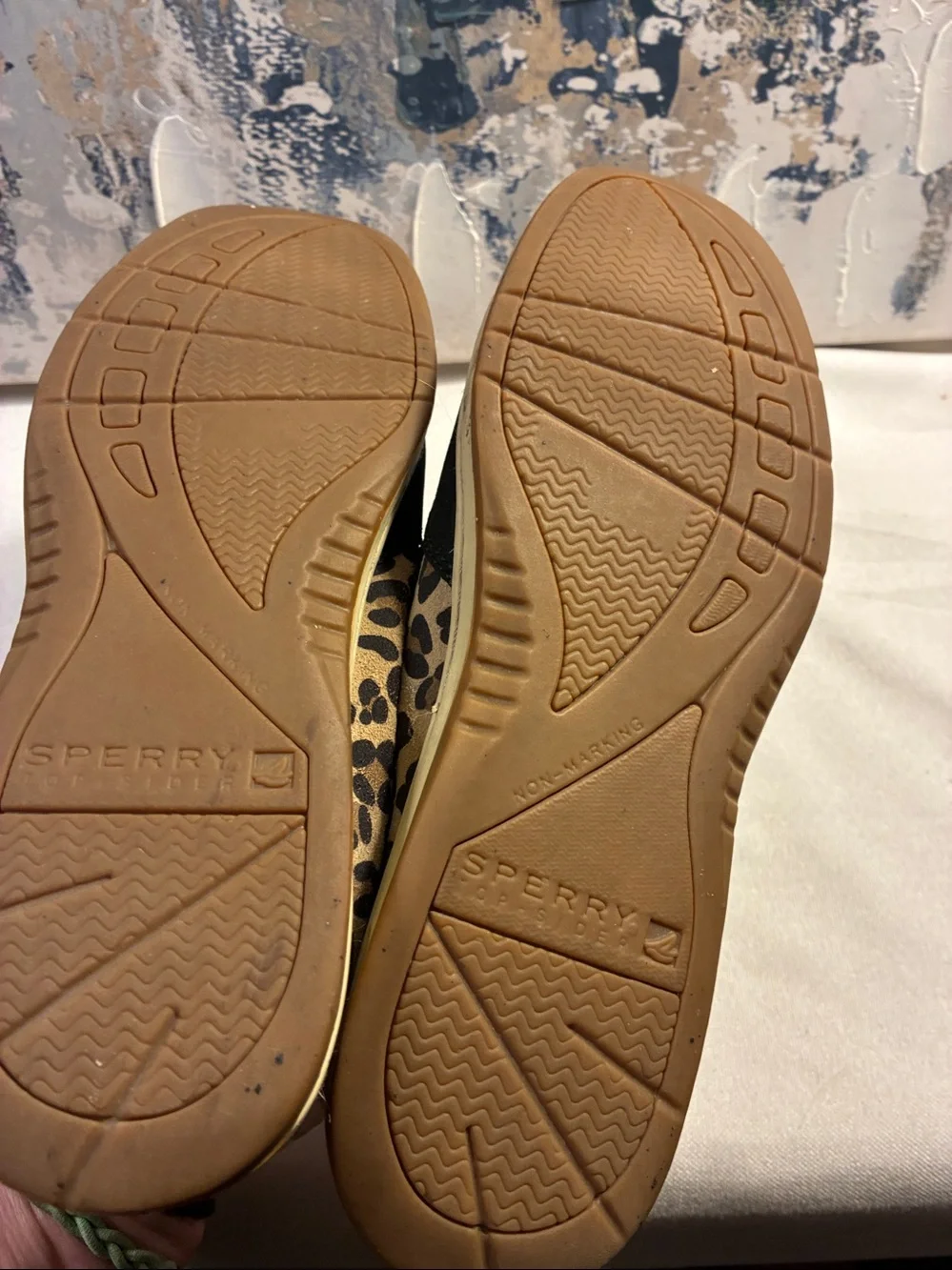 Genuine Sperry Black Leather Boat Shoes with Leopard Accent - Women’s Size 7.5